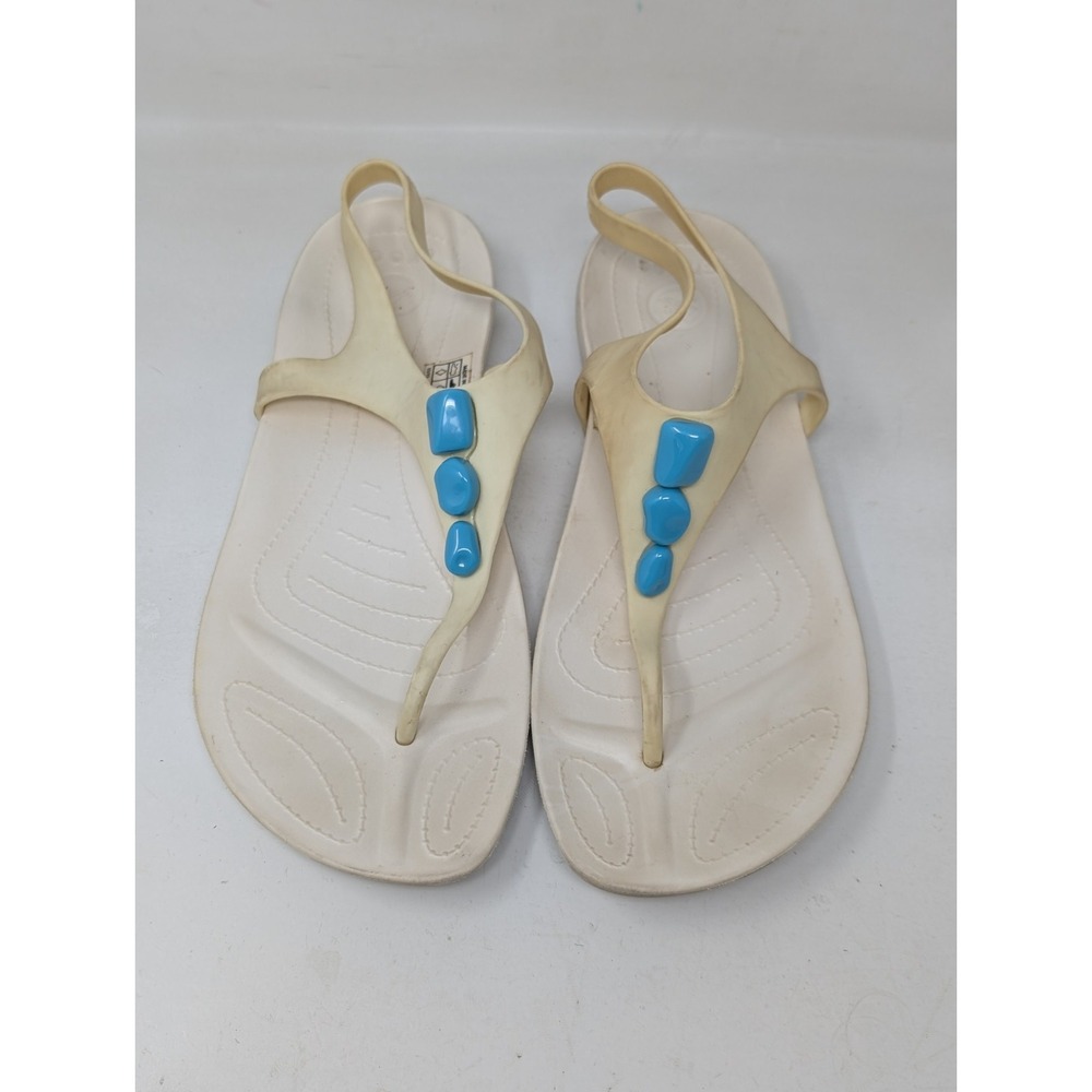 Crocs Sandals White Turquoise Flip Flop Thong Sandals Women Size 11 Sexi Alaina - Picture 2 of 6